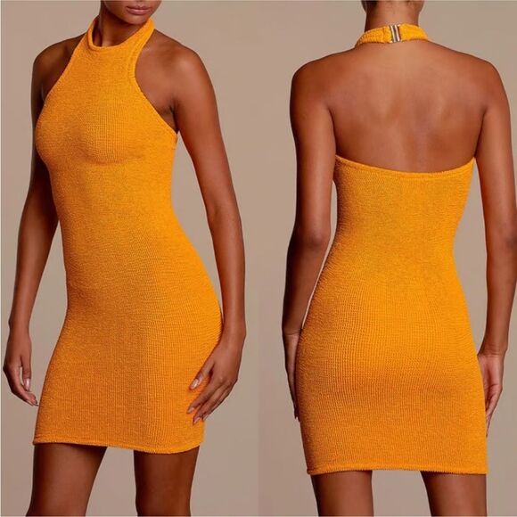 NWT Hunza G Halterneck Stretch Knit Polly Mini Dress in Mango Sorbet, One Size - Picture 1 of 9